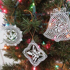 Christmas 18Tree Hanging White Metal Lace Ornaments 6 each Angel, Bell and Birds